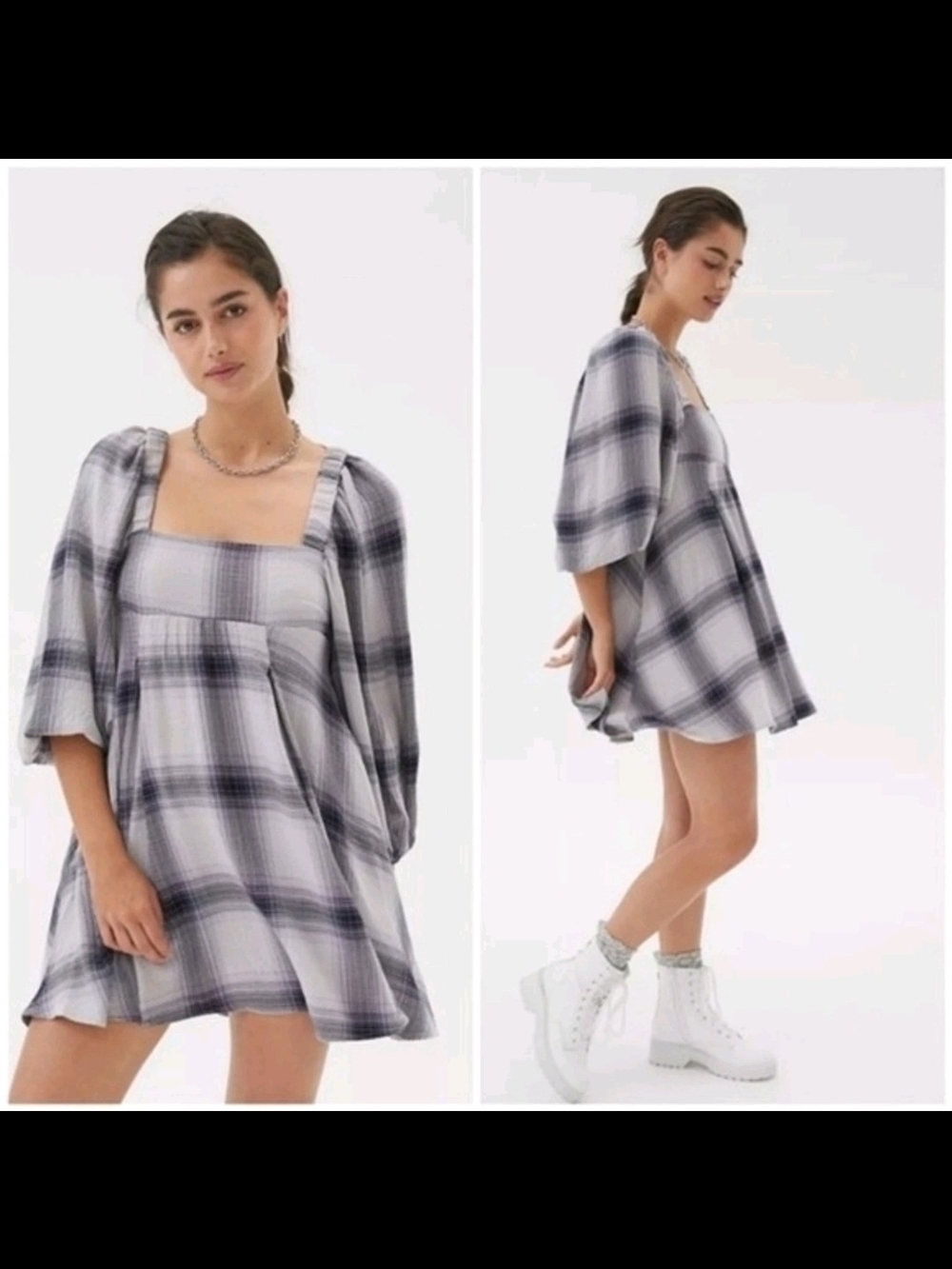 Urban Outfitters Grey & Black & Grey Plaid Mini Dress Sz. L Puff Sleeves